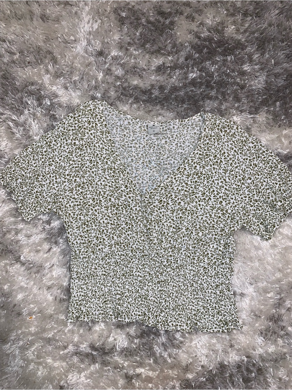 Paper Crane White Crop Top with Olive Floral Print
